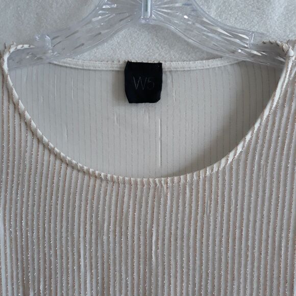W5 Top Women’s Small Beige Metallic Gold Shimmer Stripes Ruffle Sleeves Festive - Picture 3 of 10